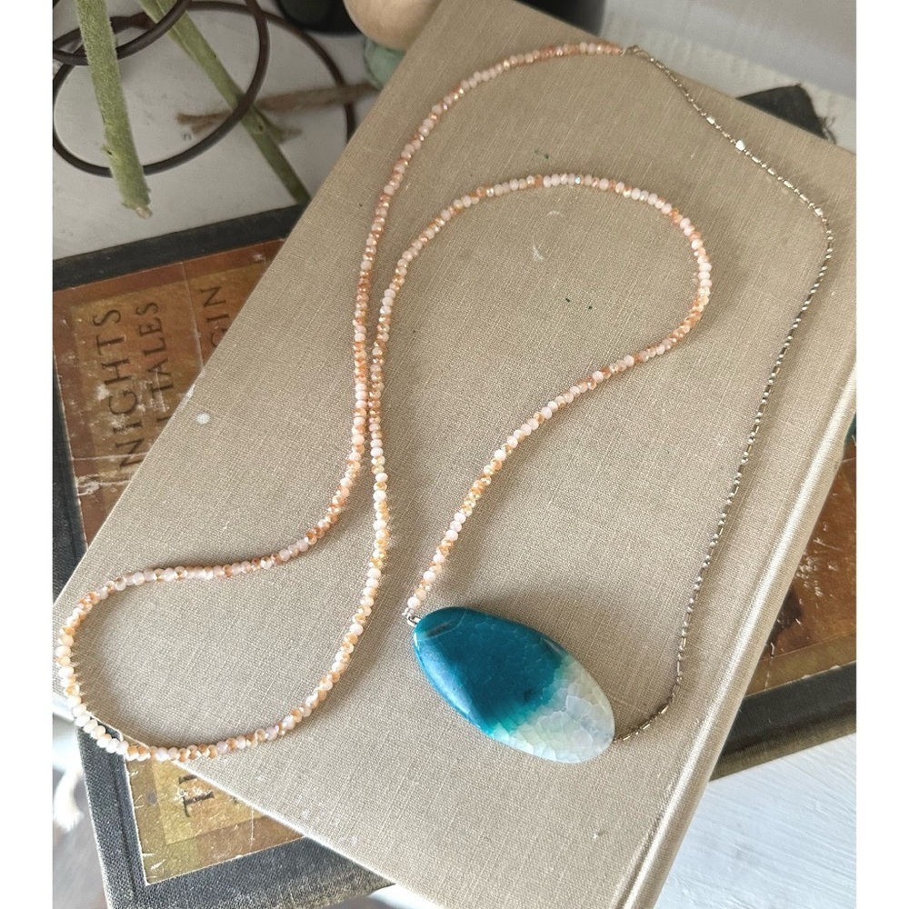 Pretty long beaded necklace with metal accents & stone focal bead